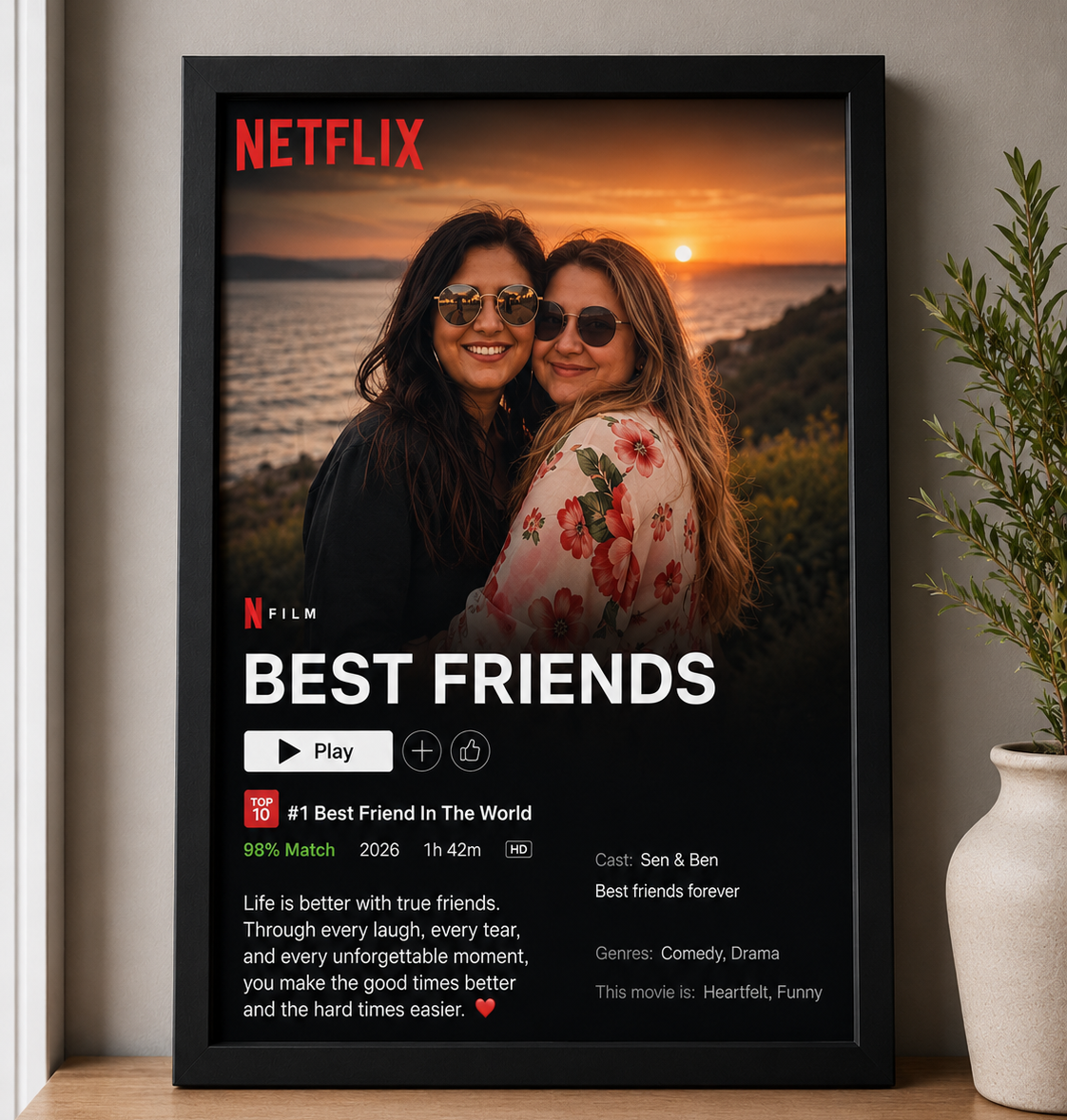 Personalized Netflix-inspired best friends photo frame featuring custom photos, movie-style title, and friendship message in a premium black frame.