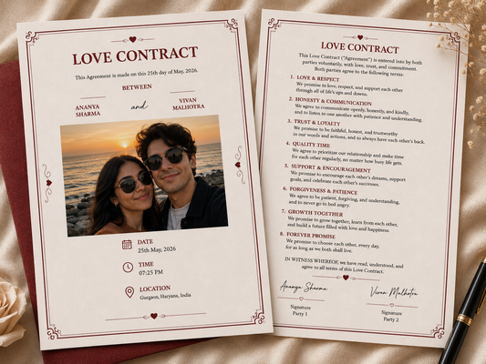 Personalized love contract featuring couple photo, names, date and romantic promises, unique gift for couples and anniversaries.