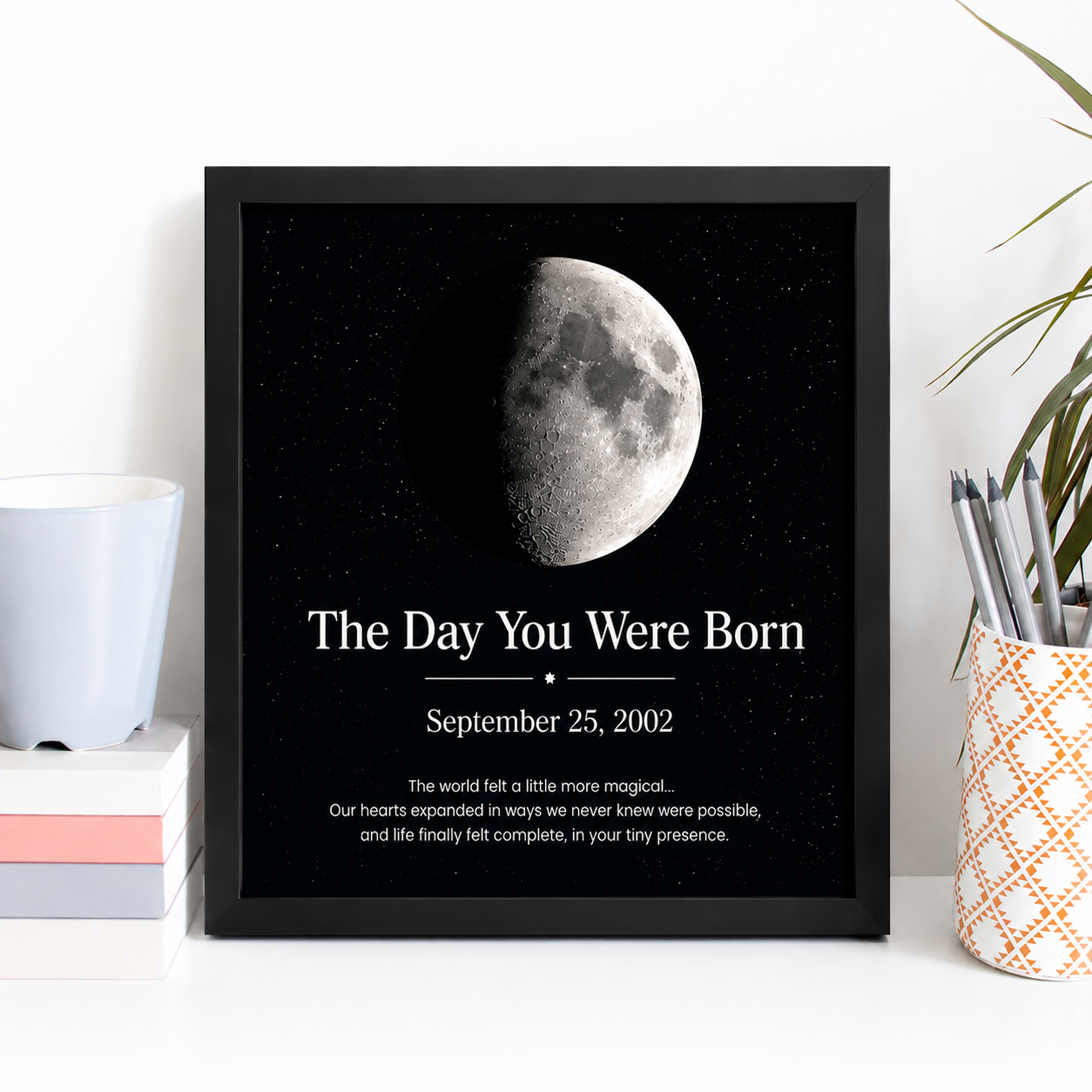 Personalized moon phase frame showing the exact moon from a special date, custom framed gift for birthdays, anniversaries, and milestones.