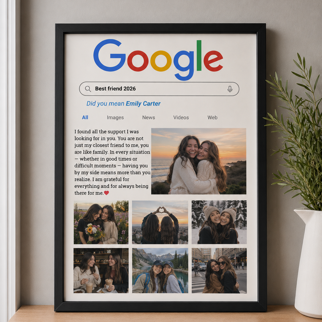 Personalized Google Search-inspired best friend photo frame featuring custom photos, heartfelt message, and search bar design, available in 6×8 and 8×12 inches.