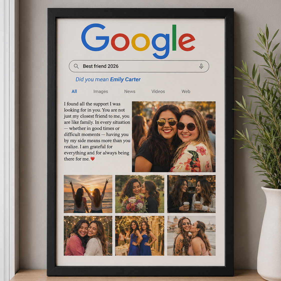 Personalized Google Search-inspired best friend photo frame featuring custom photos, heartfelt message, and search bar design, available in 6×8 and 8×12 inches.