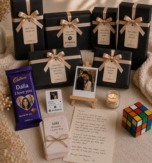 Personalized Open When gift box featuring six themed surprise boxes, personalized love letter, Spotify acrylic card, custom chocolate, scented candle, photo keepsake and romantic gifts for couples.