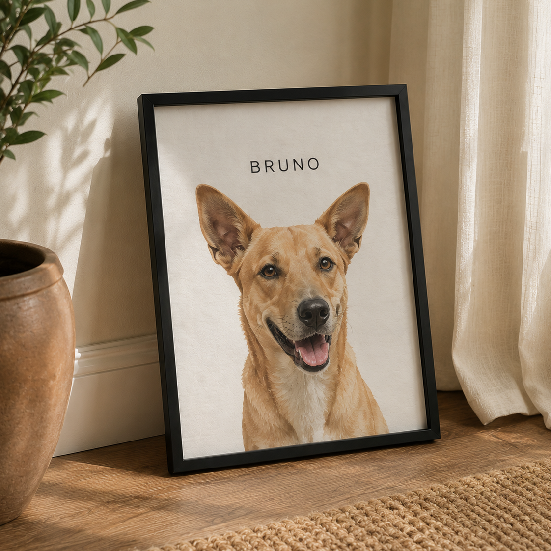 Personalized pet portrait frame featuring custom artwork and pet name, unique gift for dog owners and pet lovers.